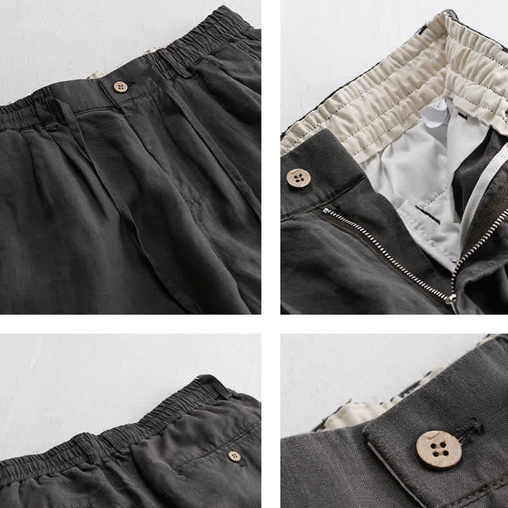 Buddha Stones Pantalones largos de lino liso para hombre, estilo casual de primavera-verano, con cordón ajustable y cremallera, pierna recta y bolsillos. - image 3