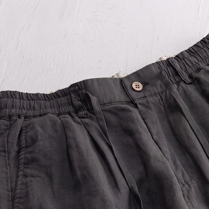Buddha Stones Pantalones largos de lino liso para hombre, estilo casual de primavera-verano, con cordón ajustable y cremallera, pierna recta y bolsillos. - image 4