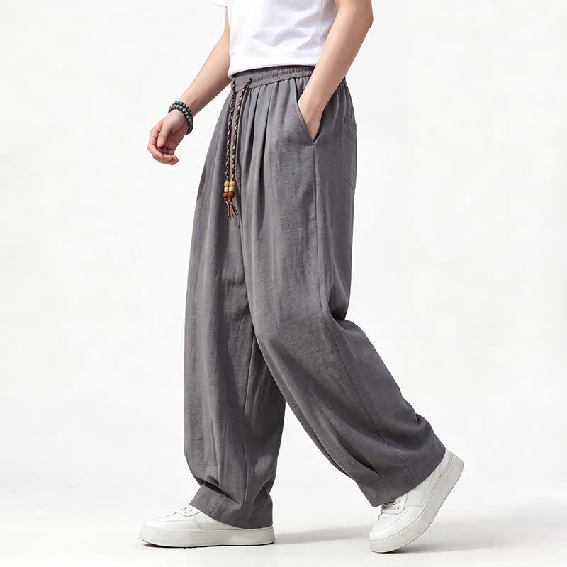 Buddha Stones Pantalones largos de hombre de corte recto con cintura elástica y cordón ajustable, estilo casual de primavera/verano, color liso. - image 1