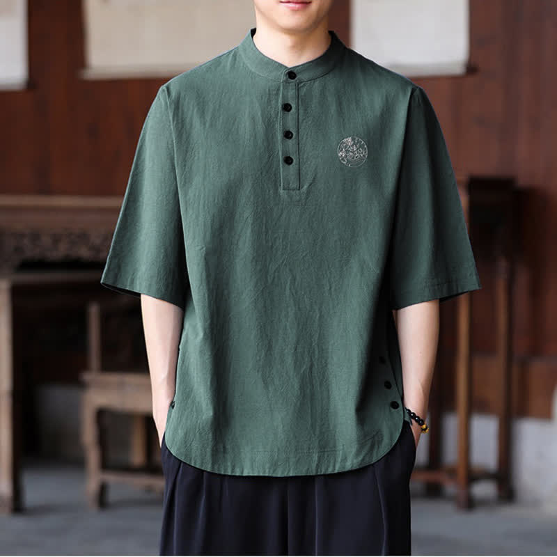 Buddha Stones Camisas de manga corta para hombre, estilo Tang casual de verano, con cuello mandarín y color liso. - image 6