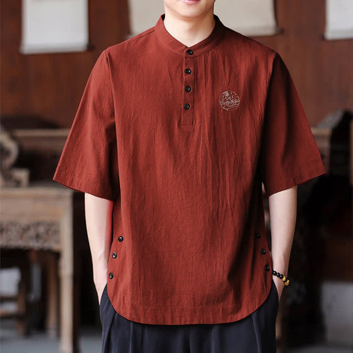 Buddha Stones Camisas de manga corta para hombre, estilo Tang casual de verano, con cuello mandarín y color liso. - image 16