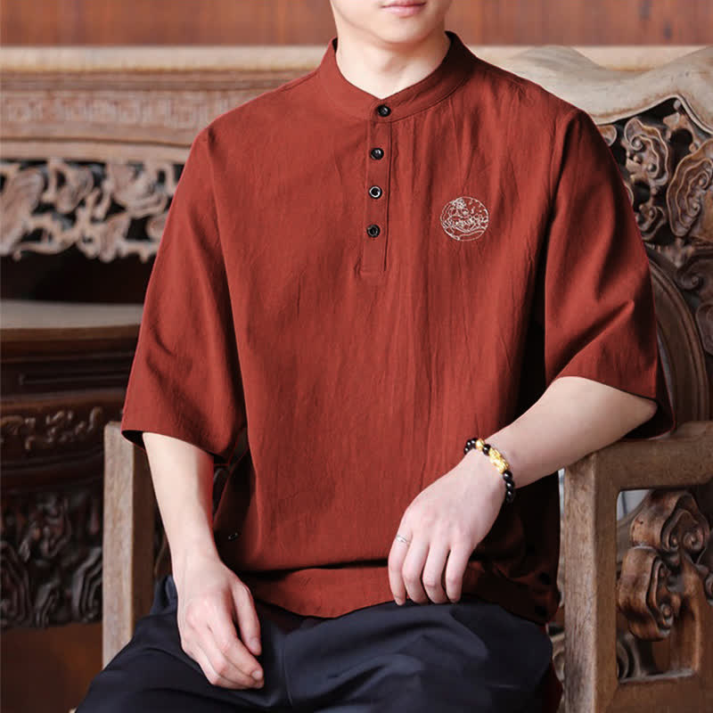 Buddha Stones Camisas de manga corta para hombre, estilo Tang casual de verano, con cuello mandarín y color liso. - image 18