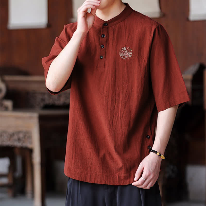 Buddha Stones Camisas de manga corta para hombre, estilo Tang casual de verano, con cuello mandarín y color liso. - image 14