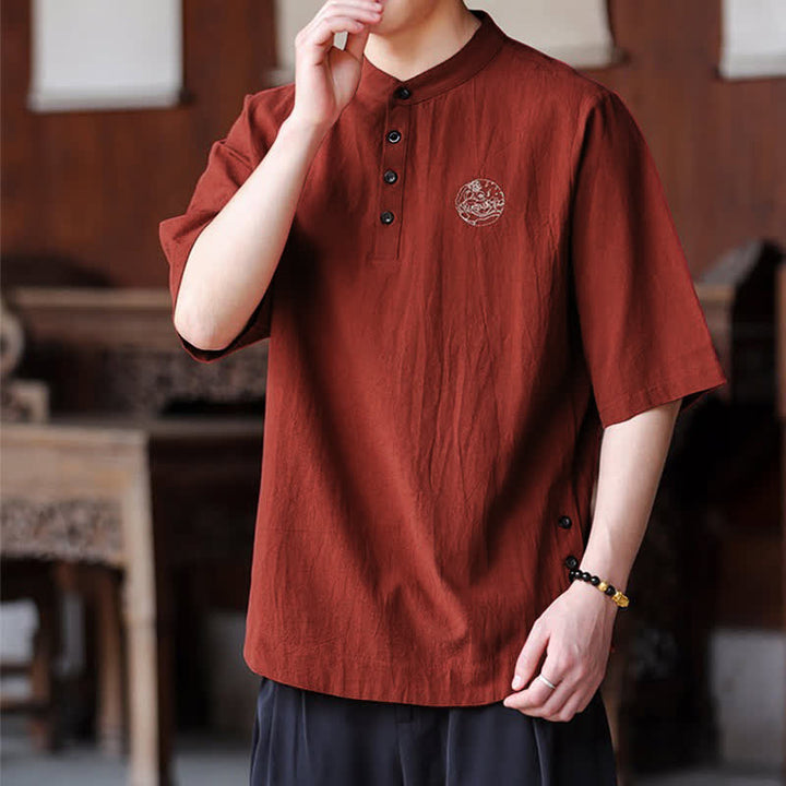 Buddha Stones Camisas de manga corta para hombre, estilo Tang casual de verano, con cuello mandarín y color liso. - image 14