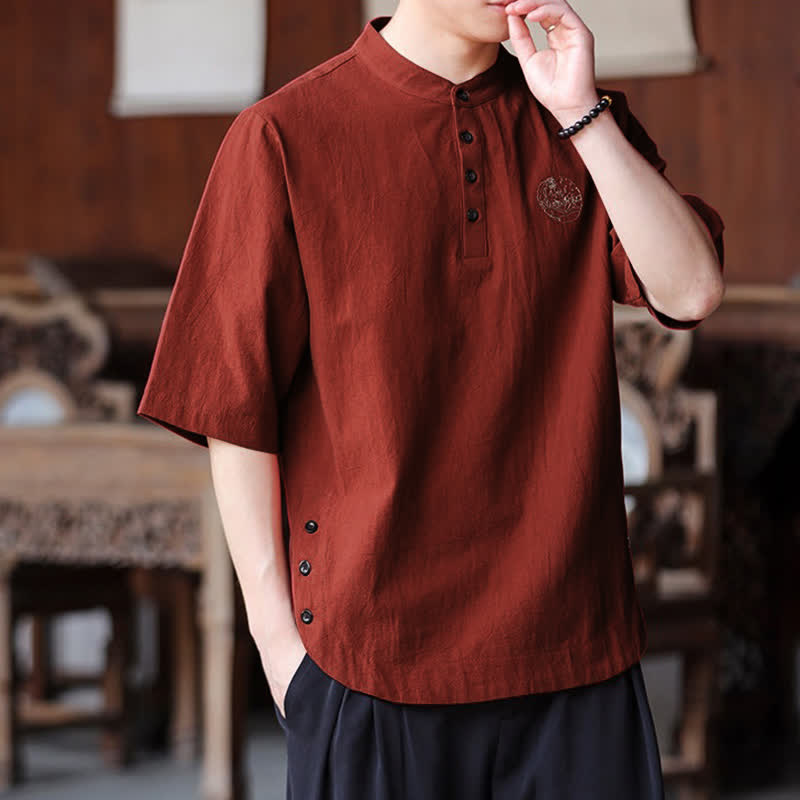 Buddha Stones Camisas de manga corta para hombre, estilo Tang casual de verano, con cuello mandarín y color liso. - image 13