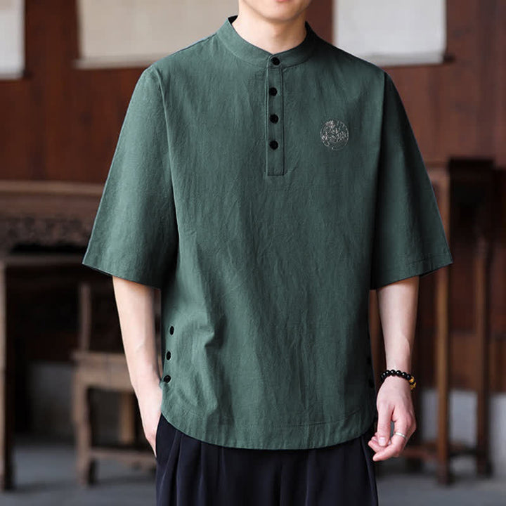 Buddha Stones Camisas de manga corta para hombre, estilo Tang casual de verano, con cuello mandarín y color liso. - image 2