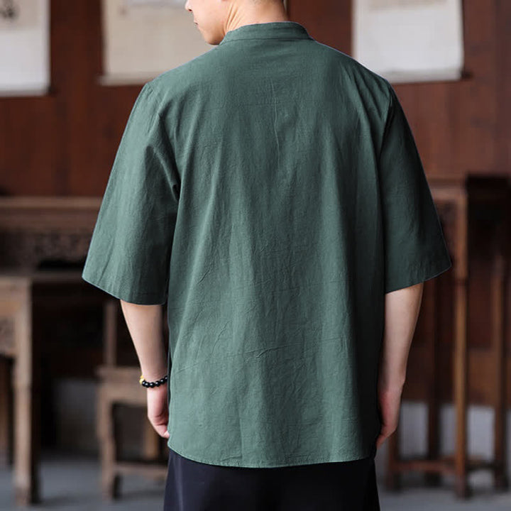 Buddha Stones Camisas de manga corta para hombre, estilo Tang casual de verano, con cuello mandarín y color liso. - image 3