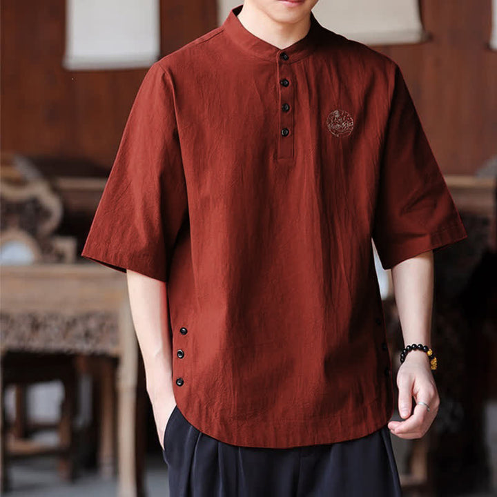 Buddha Stones Camisas de manga corta para hombre, estilo Tang casual de verano, con cuello mandarín y color liso. - image 12