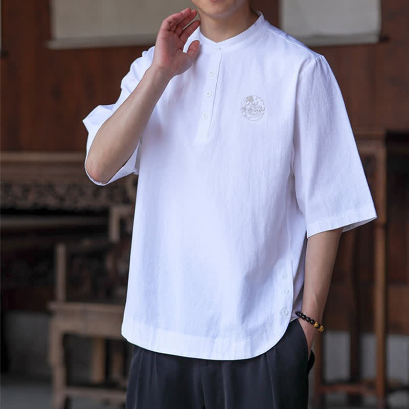 Buddha Stones Camisas de manga corta para hombre, estilo Tang casual de verano, con cuello mandarín y color liso. - image 20