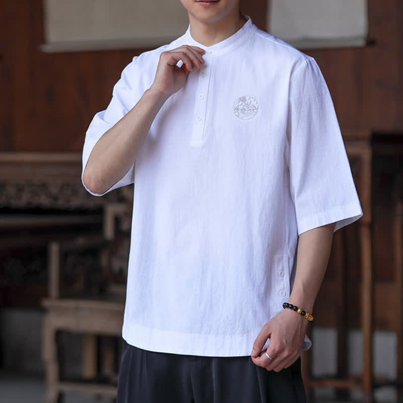Buddha Stones Camisas de manga corta para hombre, estilo Tang casual de verano, con cuello mandarín y color liso. - image 23