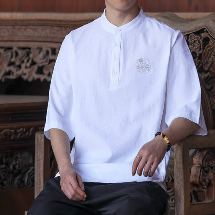 Buddha Stones Camisas de manga corta para hombre, estilo Tang casual de verano, con cuello mandarín y color liso. - image 25