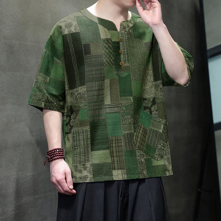 Buddha Stones Camisas de manga corta para hombre con diseño de patchwork a cuadros, estilo bohemio informal de verano y bolsillo de parche. - image 2