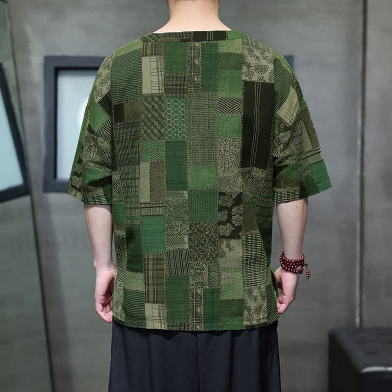 Buddha Stones Camisas de manga corta para hombre con diseño de patchwork a cuadros, estilo bohemio informal de verano y bolsillo de parche. - image 3