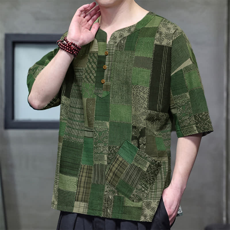 Buddha Stones Camisas de manga corta para hombre con diseño de patchwork a cuadros, estilo bohemio informal de verano y bolsillo de parche. - image 1