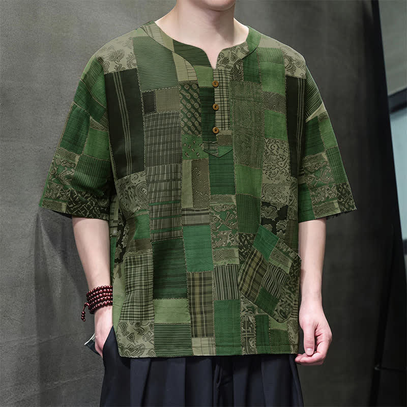 Buddha Stones Camisas de manga corta para hombre con diseño de patchwork a cuadros, estilo bohemio informal de verano y bolsillo de parche. - image 6