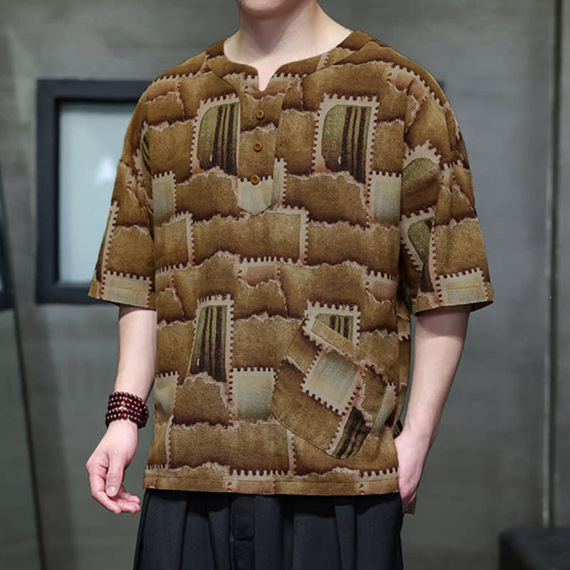 Buddha Stones Camisas de manga corta para hombre con diseño de patchwork a cuadros, estilo bohemio informal de verano y bolsillo de parche. - image 10
