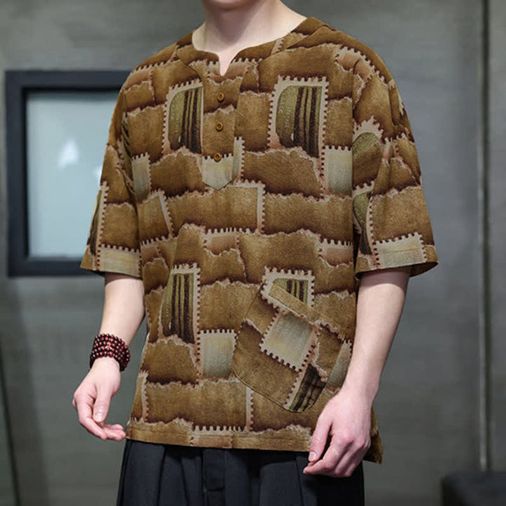Buddha Stones Camisas de manga corta para hombre con diseño de patchwork a cuadros, estilo bohemio informal de verano y bolsillo de parche. - image 12