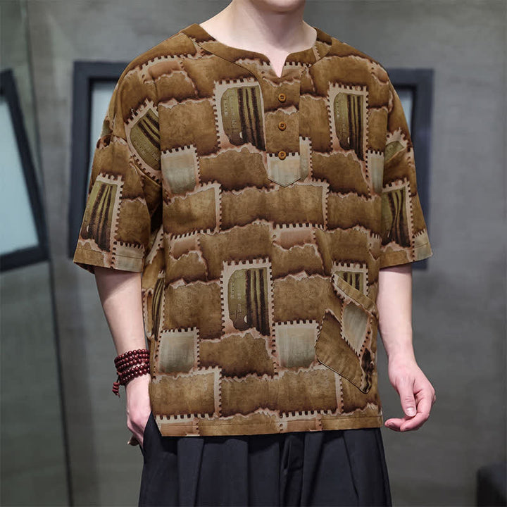 Buddha Stones Camisas de manga corta para hombre con diseño de patchwork a cuadros, estilo bohemio informal de verano y bolsillo de parche. - image 11