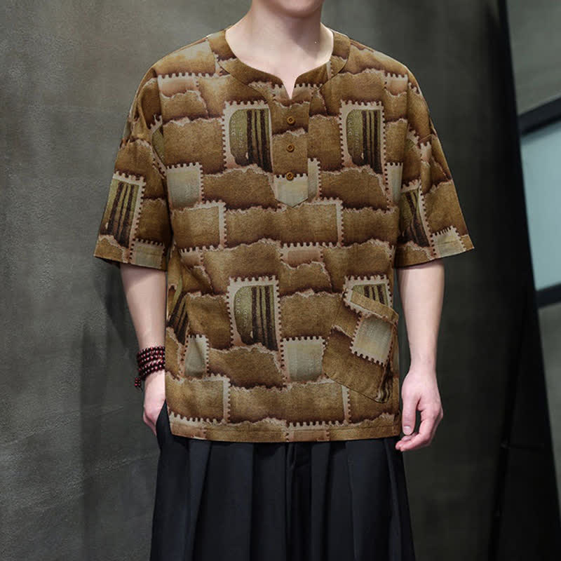 Buddha Stones Camisas de manga corta para hombre con diseño de patchwork a cuadros, estilo bohemio informal de verano y bolsillo de parche. - image 14