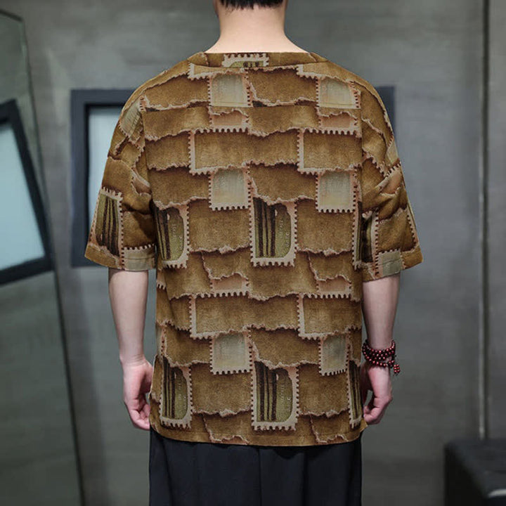 Buddha Stones Camisas de manga corta para hombre con diseño de patchwork a cuadros, estilo bohemio informal de verano y bolsillo de parche. - image 13