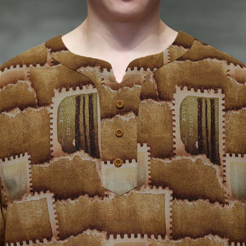 Buddha Stones Camisas de manga corta para hombre con diseño de patchwork a cuadros, estilo bohemio informal de verano y bolsillo de parche. - image 18