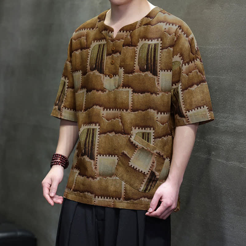 Buddha Stones Camisas de manga corta para hombre con diseño de patchwork a cuadros, estilo bohemio informal de verano y bolsillo de parche. - image 17