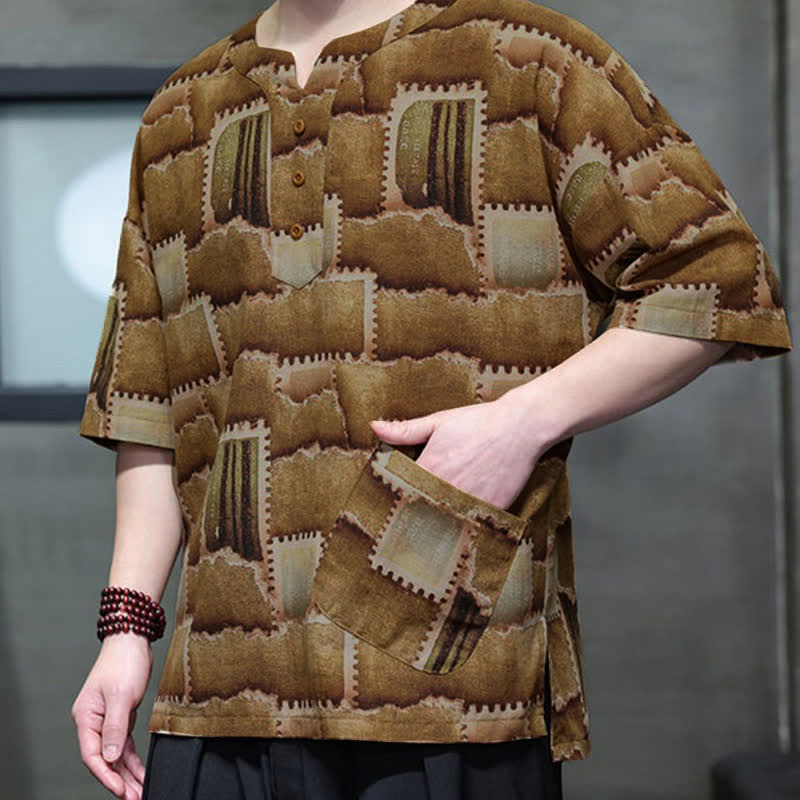 Buddha Stones Camisas de manga corta para hombre con diseño de patchwork a cuadros, estilo bohemio informal de verano y bolsillo de parche. - image 16