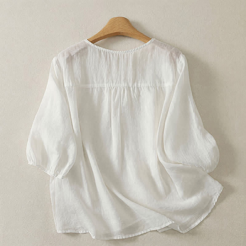 Buddha Stones Camiseta de manga tres cuartos para mujer, estilo casual vintage, con cuello redondo y bordado, para primavera/verano. - image 16