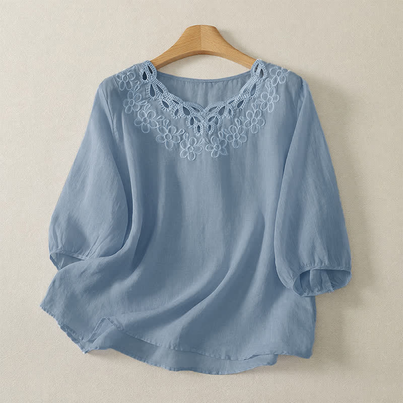 Buddha Stones Camiseta de manga tres cuartos para mujer, estilo casual vintage, con cuello redondo y bordado, para primavera/verano. - Azul claro - US12, UK/AU16, EU44 (2XL) - image 5