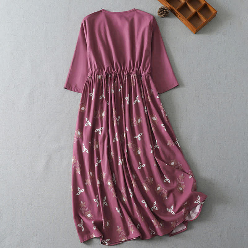Buddha Stones Vestido de manga corta para mujer, estilo casual vintage, con botones, cordón ajustable y estampado floral, ideal para primavera y verano. - image 1