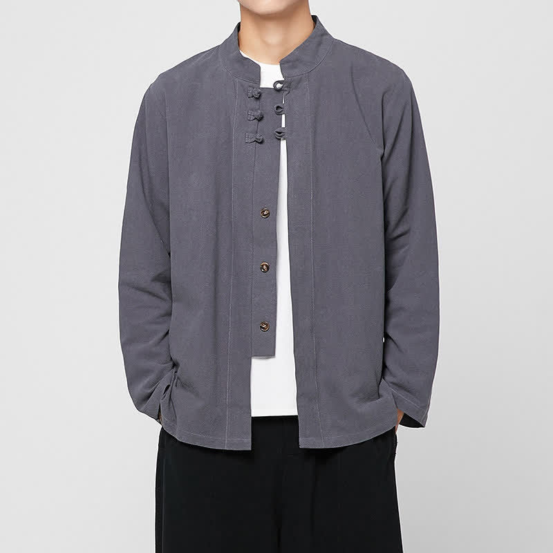 Buddha Stones Camisas de manga larga para hombre, estilo Tang minimalista, con cuello mandarín y botones de rana, ideales para primavera y otoño. - Gris pizarra - US/UK/AU46, EU56 (5XL) - image 0