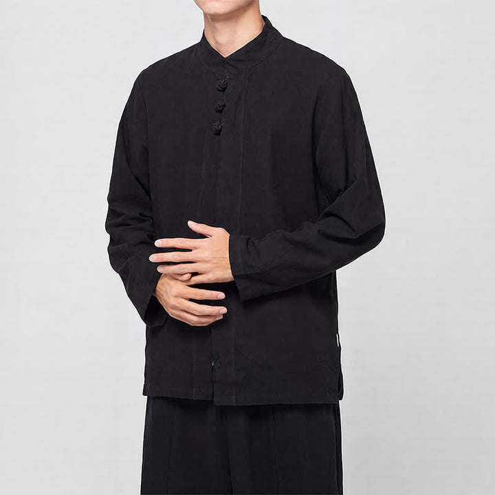 Buddha Stones Camisas de manga larga para hombre, estilo Tang minimalista, con cuello mandarín y botones de rana, ideales para primavera y otoño. - image 12