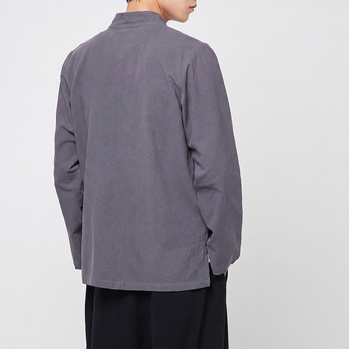 Buddha Stones Camisas de manga larga para hombre, estilo Tang minimalista, con cuello mandarín y botones de rana, ideales para primavera y otoño. - image 4