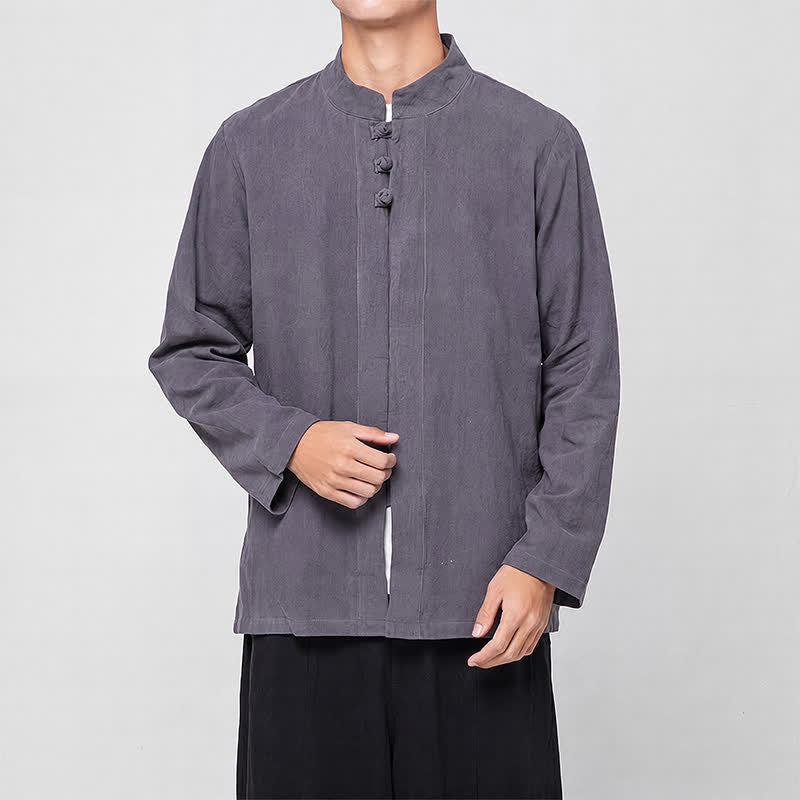 Buddha Stones Camisas de manga larga para hombre, estilo Tang minimalista, con cuello mandarín y botones de rana, ideales para primavera y otoño. - image 3
