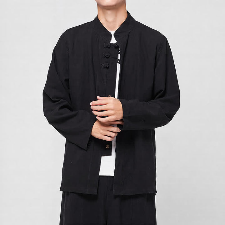 Buddha Stones Camisas de manga larga para hombre, estilo Tang minimalista, con cuello mandarín y botones de rana, ideales para primavera y otoño. - image 11