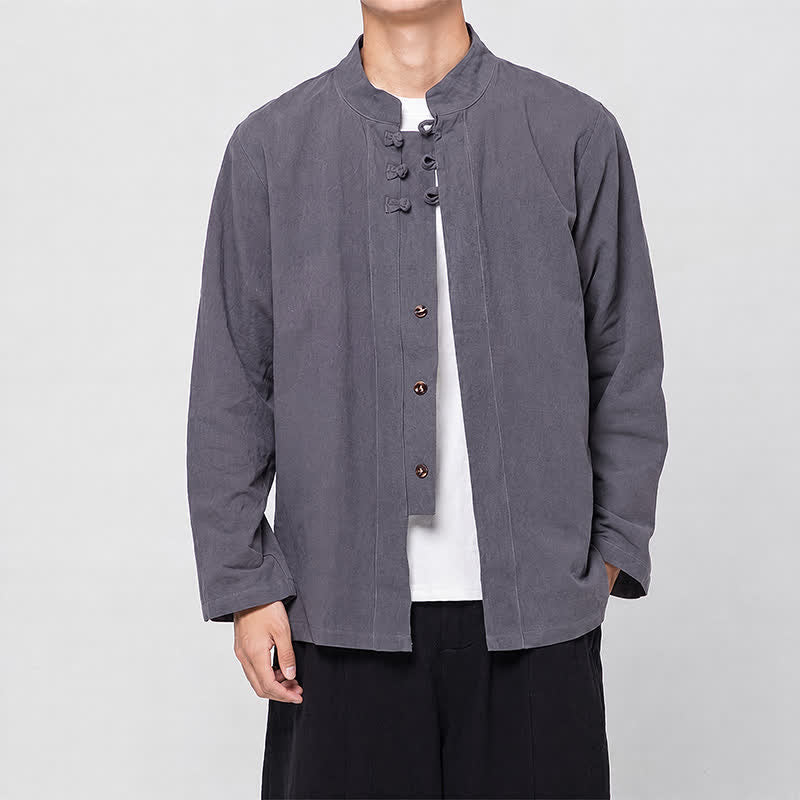 Buddha Stones Camisas de manga larga para hombre, estilo Tang minimalista, con cuello mandarín y botones de rana, ideales para primavera y otoño. - image 2
