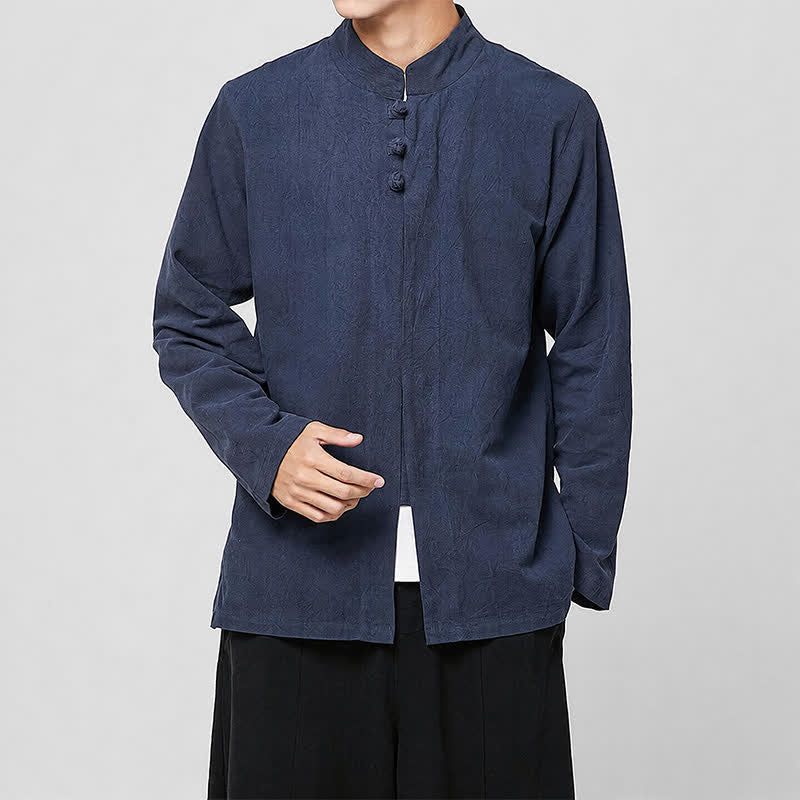 Buddha Stones Camisas de manga larga para hombre, estilo Tang minimalista, con cuello mandarín y botones de rana, ideales para primavera y otoño. - Marina de guerra - US/UK/AU46, EU56 (5XL) - image 5