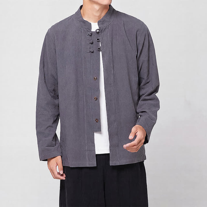 Buddha Stones Camisas de manga larga para hombre, estilo Tang minimalista, con cuello mandarín y botones de rana, ideales para primavera y otoño. - image 1