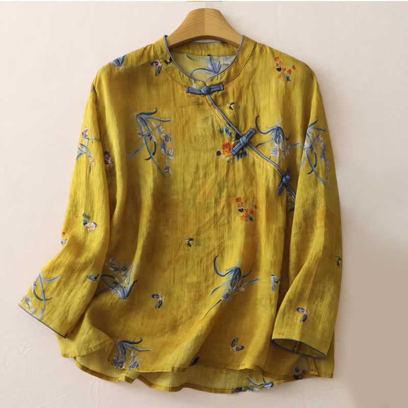 Buddha Stones Camisas de manga larga para mujer estilo Tang vintage con botones de rana y estampado floral de orquídeas. - vara de oro - US12, UK/AU16, EU44 (2XL) - image 0