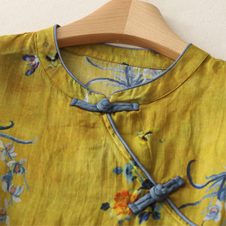 Buddha Stones Camisas de manga larga para mujer estilo Tang vintage con botones de rana y estampado floral de orquídeas. - image 2