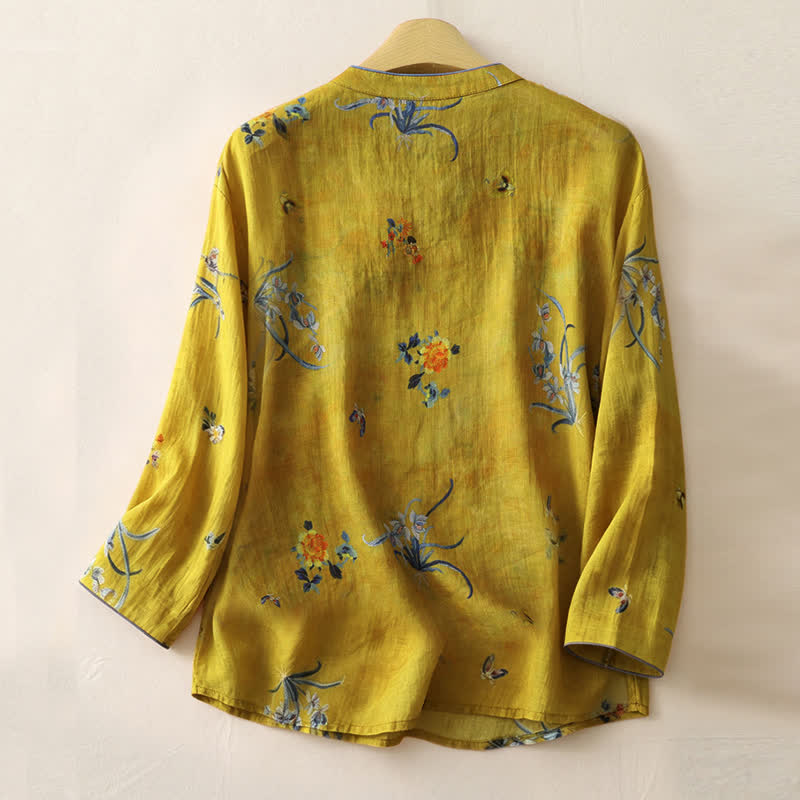Buddha Stones Camisas de manga larga para mujer estilo Tang vintage con botones de rana y estampado floral de orquídeas. - image 1