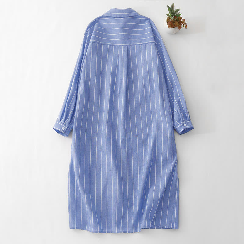 Buddha Stones Vestidos de manga larga a rayas con botones, estilo casual de primavera para mujer - image 1