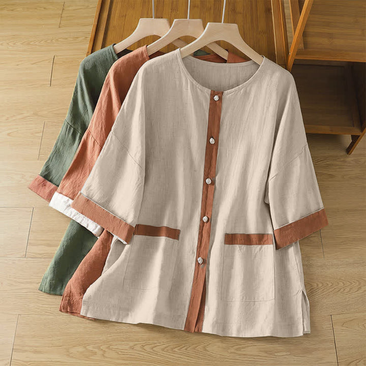 Buddha Stones Camisas de manga corta para mujer, estilo casual de verano, con bolsillo de parche y botones. - image 24