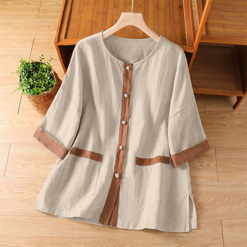 Buddha Stones Camisas de manga corta para mujer, estilo casual de verano, con bolsillo de parche y botones. - Lino - US8-10, UK/AU12-14, EU40-42 (2XL) - image 0