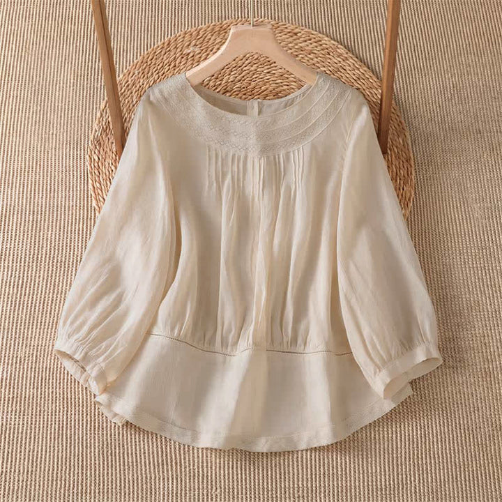 Buddha Stones Camiseta de manga larga para mujer, estilo casual elegante, con bordados, color liso, para primavera y verano. - Blanco antiguo - US12, UK/AU16, EU44 (2XL) - image 0
