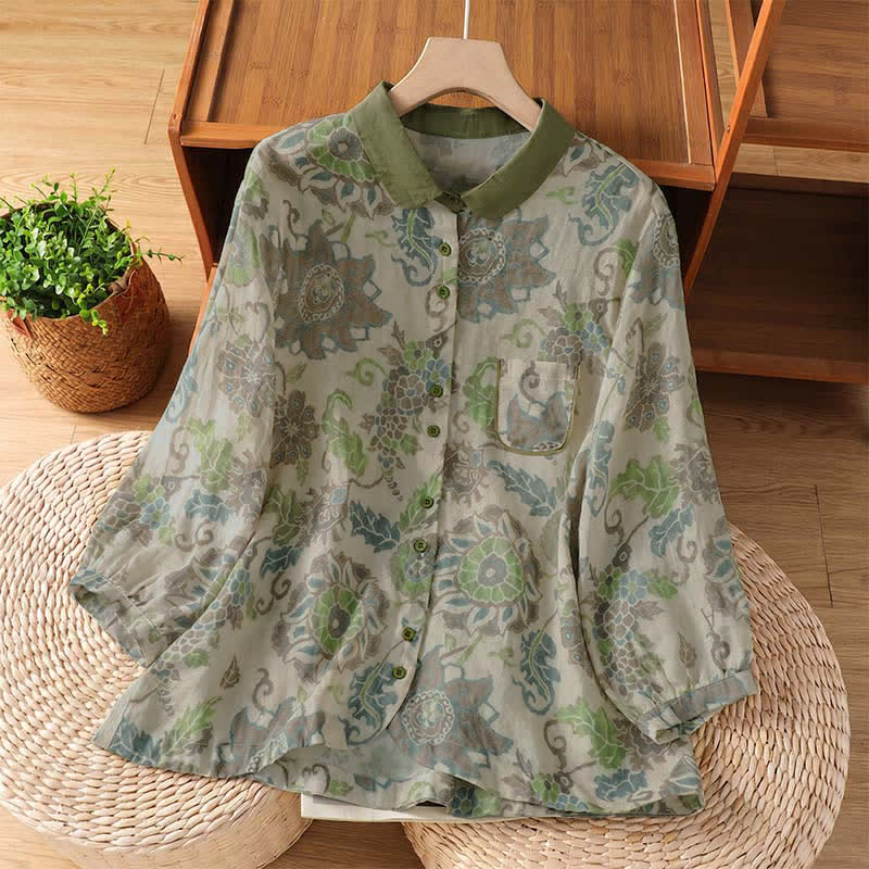 Buddha Stones Camisas de manga larga para mujer, estilo casual vintage, con botones y estampado floral, ideales para primavera y verano. - Verde mar oscuro - US8-10, UK/AU12-14, EU40-42 (2XL) - image 0