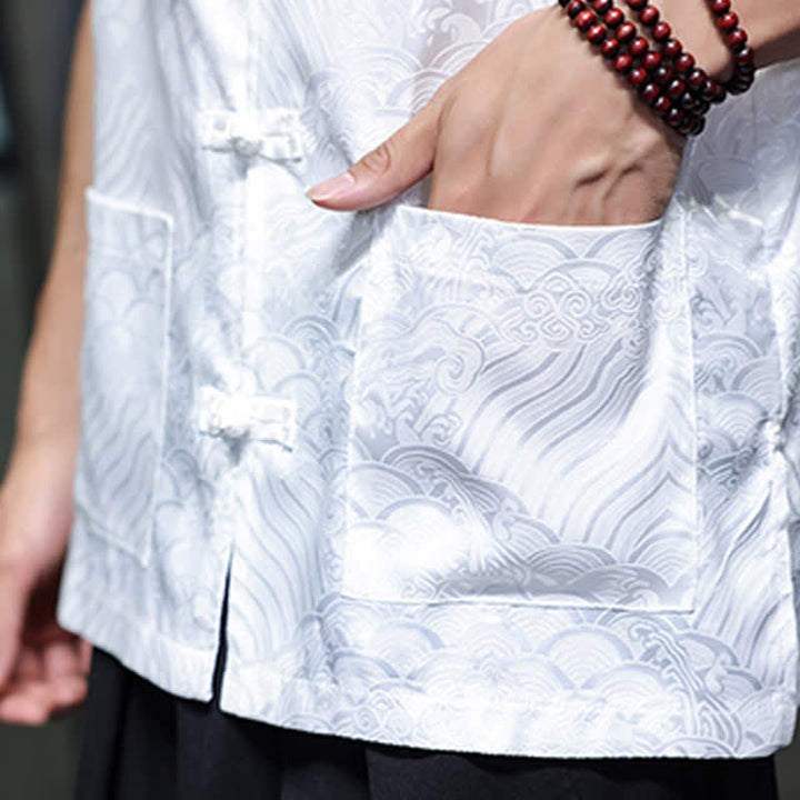 Buddha Stones Camiseta sin mangas para hombre con cuello mandarín, botones de rana y estampado abstracto de olas marinas, estilo verano Tang. - image 27