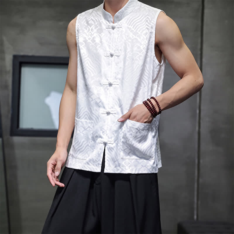 Buddha Stones Camiseta sin mangas para hombre con cuello mandarín, botones de rana y estampado abstracto de olas marinas, estilo verano Tang. - image 19
