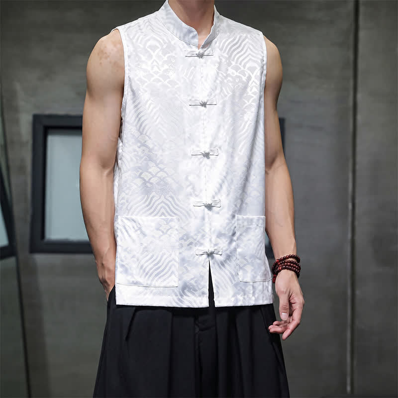 Buddha Stones Camiseta sin mangas para hombre con cuello mandarín, botones de rana y estampado abstracto de olas marinas, estilo verano Tang. - image 18