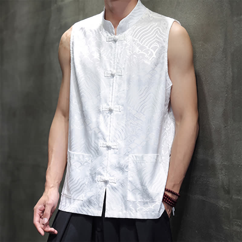 Buddha Stones Camiseta sin mangas para hombre con cuello mandarín, botones de rana y estampado abstracto de olas marinas, estilo verano Tang. - image 22